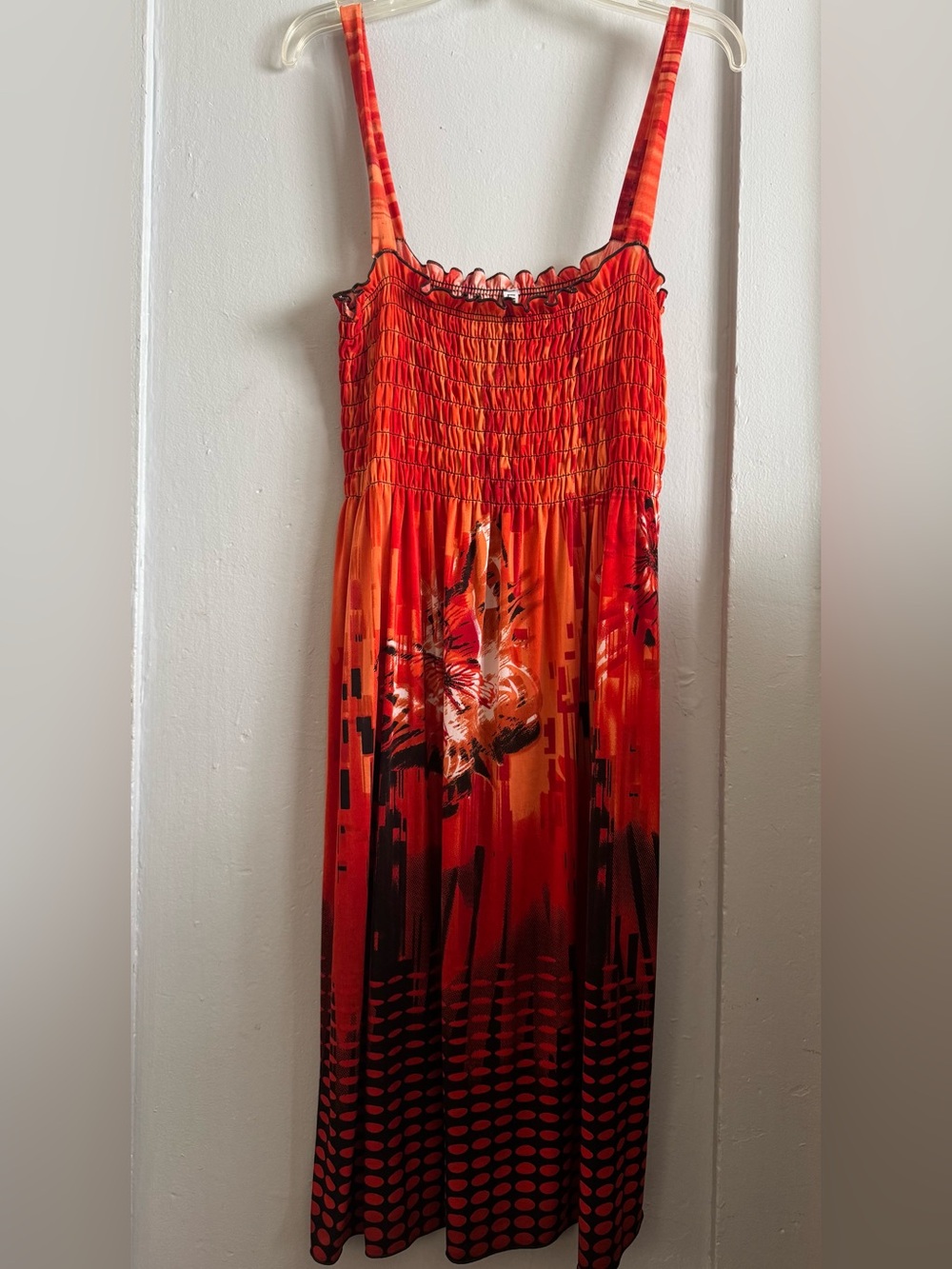 Smocked Bodice Red-Orange Floral Maxi Dress